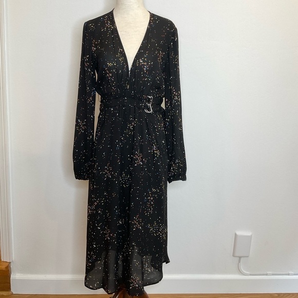A.L.C. Samantha Deep-V Long-Sleeve Silk Midi Dress Black Speckled Print Size 2 - Picture 2 of 16